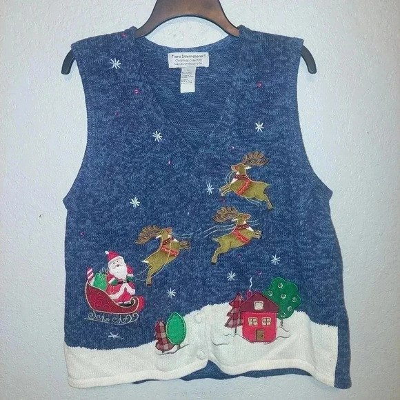 Tiara International Christmas Sweater Vest Santa Flying Reindeer Size XL - Picture 1 of 8
